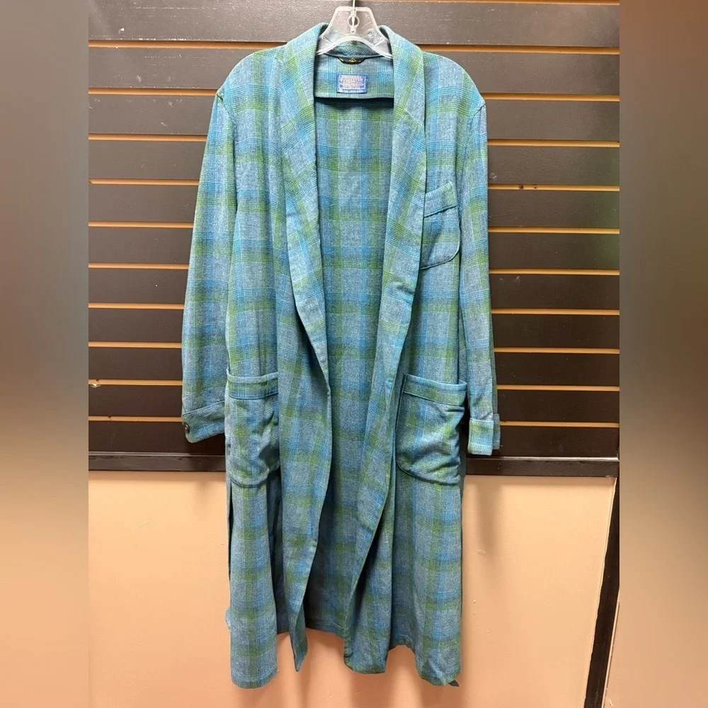 Vintage Pendleton 100% Virgin Wool Plaid Belted Robe Men’s Large Blue Green USA